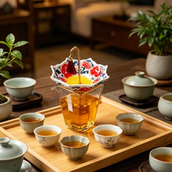 Infuseur à thé en céramique en forme de parapluie avec filtre rotatif en céramique bleue et blanche chinoise pour thé en vrac, Filtre à thé Kung Fu, Cadeau élégant pour le thé