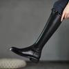 Black Elegant with Low Heels Pointed Toe Leather Women's Long Boots 2025 Autumn Winter Fleece-Lined Ladies Knee High Shaft Shoes