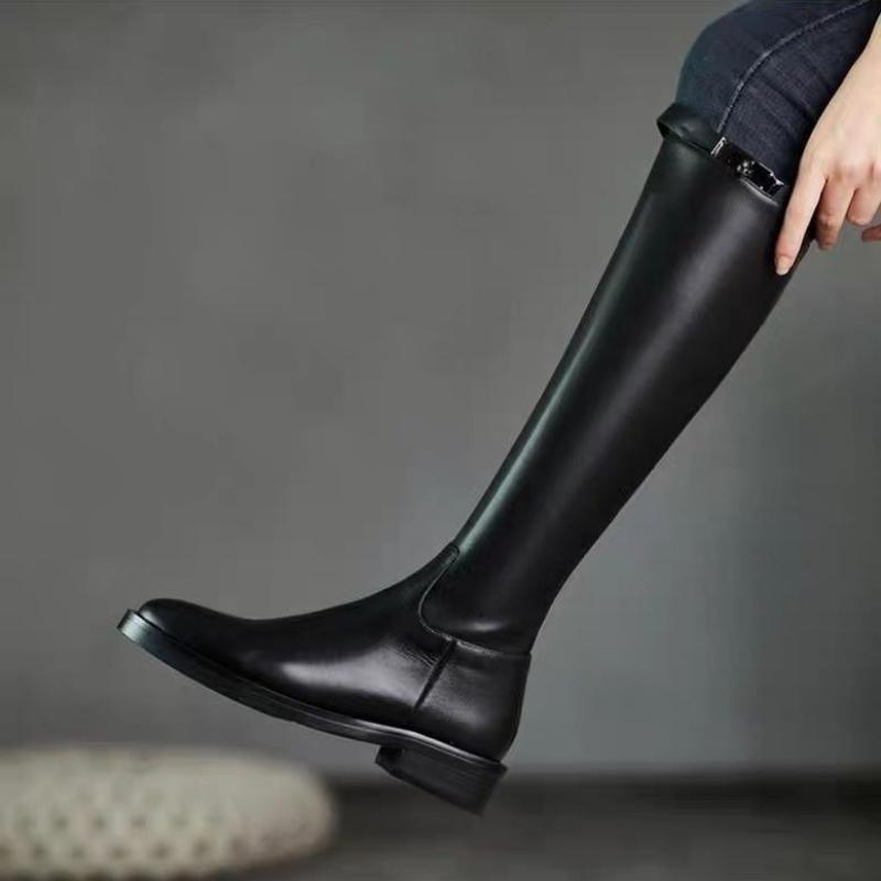 Black Elegant with Low Heels Pointed Toe Leather Women's Long Boots 2025 Autumn Winter Fleece-Lined Ladies Knee High Shaft Shoes