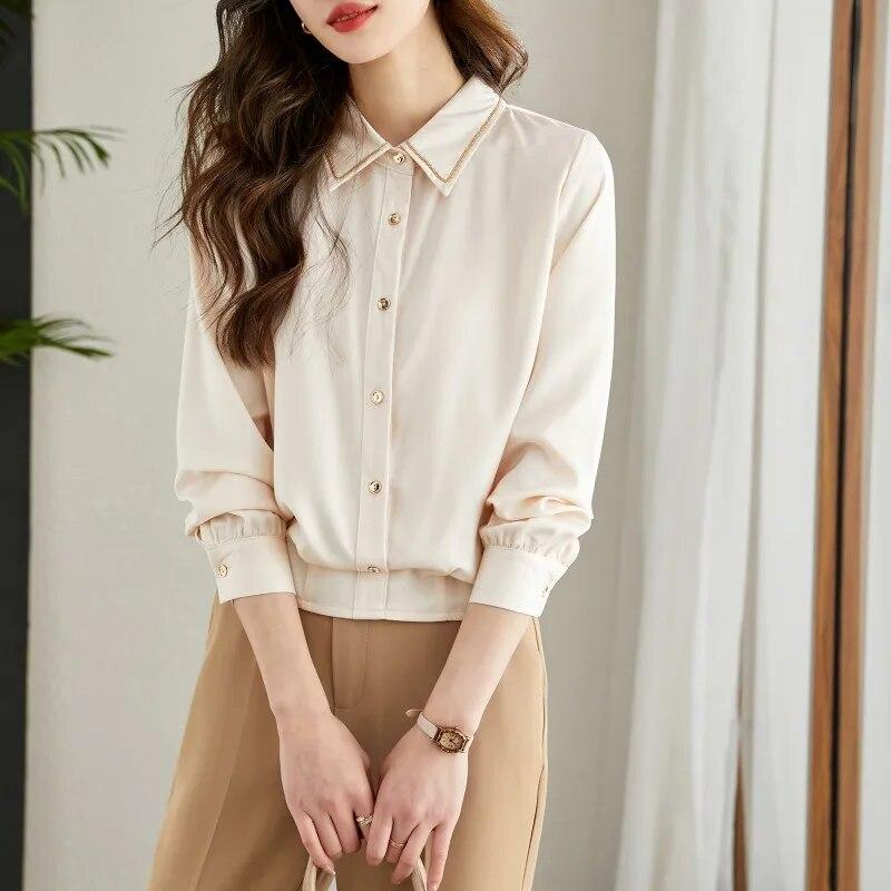 Mode soie Blouse femmes à manches longues boutonné femmes chemises col rabattu élégant femme hauts Chic vêtements 29468