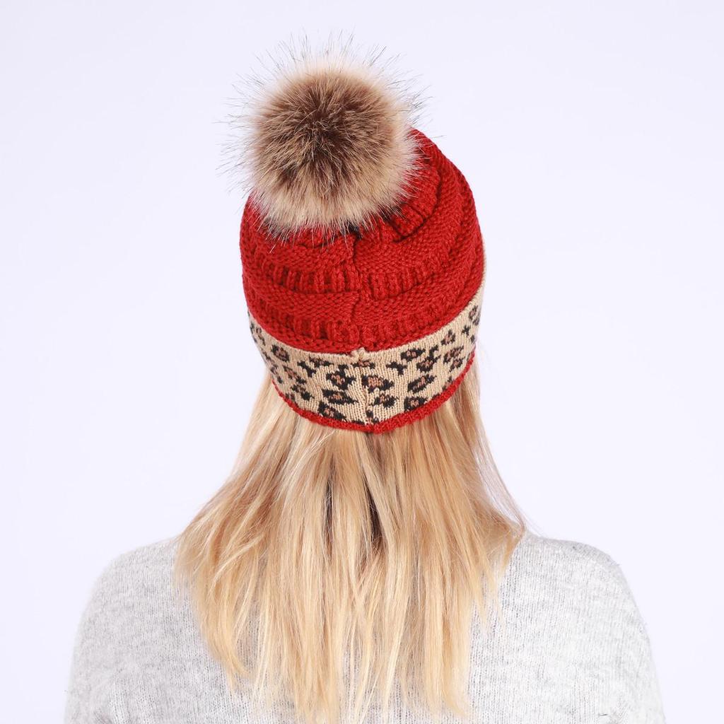 Herbst Winter Damen Verdickte Wärme Gestrickte Wolle Leopardenflor Hut