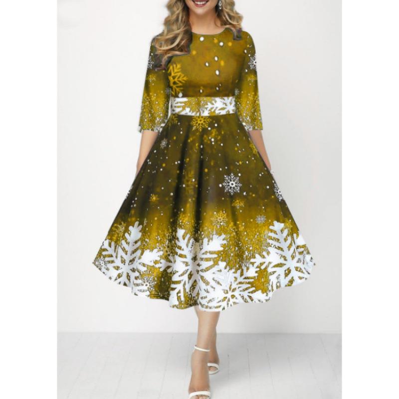 Neues modisches und personalisiertes Kleid mit Schneeflocken-Digitaldruck und Temperament, mittellangen Ärmeln und taillierter Taille für Damen