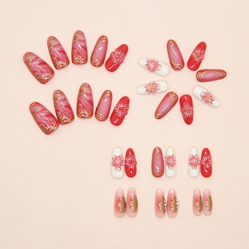 30PCS Press On Nail Featuring 3D Gold Lines And Milky Apricot Translucent Artificial Nail Multiple Sizes Easy Wear