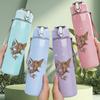 1PC Small Fox Animal Monochrome Print 750ml Colorful Plastic Sports Water Bottle Leakproof Pop Up Lid with Straw for Outdoor Work Home Use