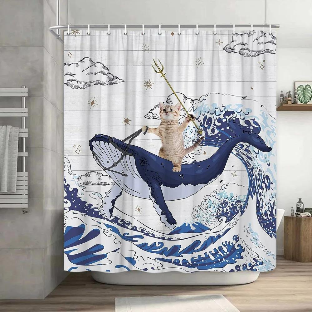 Funny Cat Shower Curtain Cool Dinosaur Dino Japanese Sea Ocean Wave for Kids Children Boys Rustic Wooden Farmhouse Bath Curtains