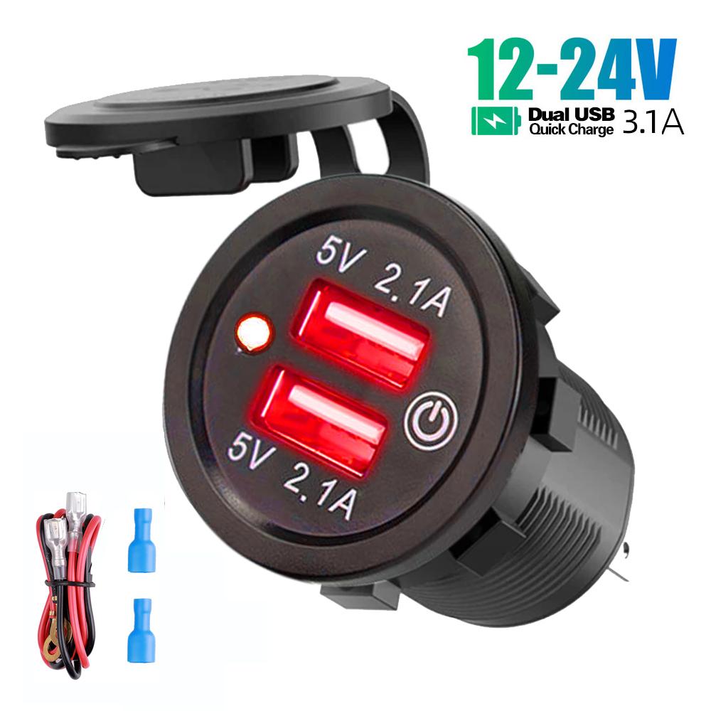 Dual USB Car Charger Socket Waterproof Fast Charge Power Outlet With Touch Switch For 12V-24V Motorcycle Boat Marine Truck ATV