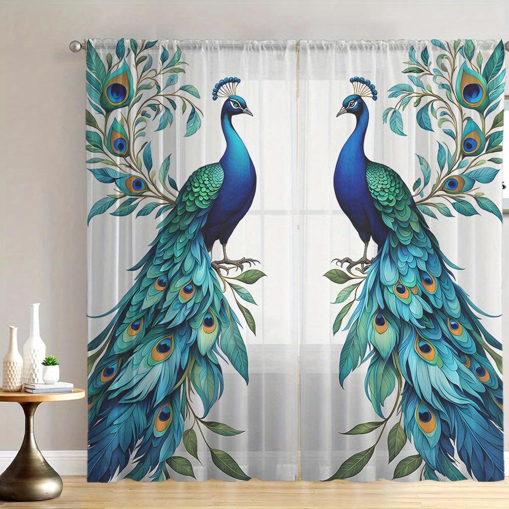 2PCS Sheer Curtains, Blue and Green, Peacock and Floral Pattern, Suitable for Bedroom and Living Room, Rod Pocket Style