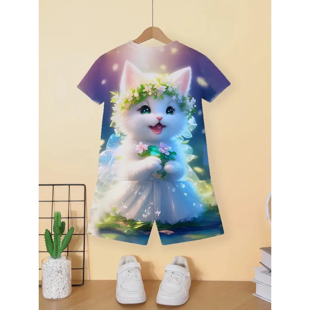 Barns Katt T-shirt Shorts Set Sommar Casual Flickkläder Kortärmade Barnset för Barn Toppar Utomhus Sport Flickoutfits