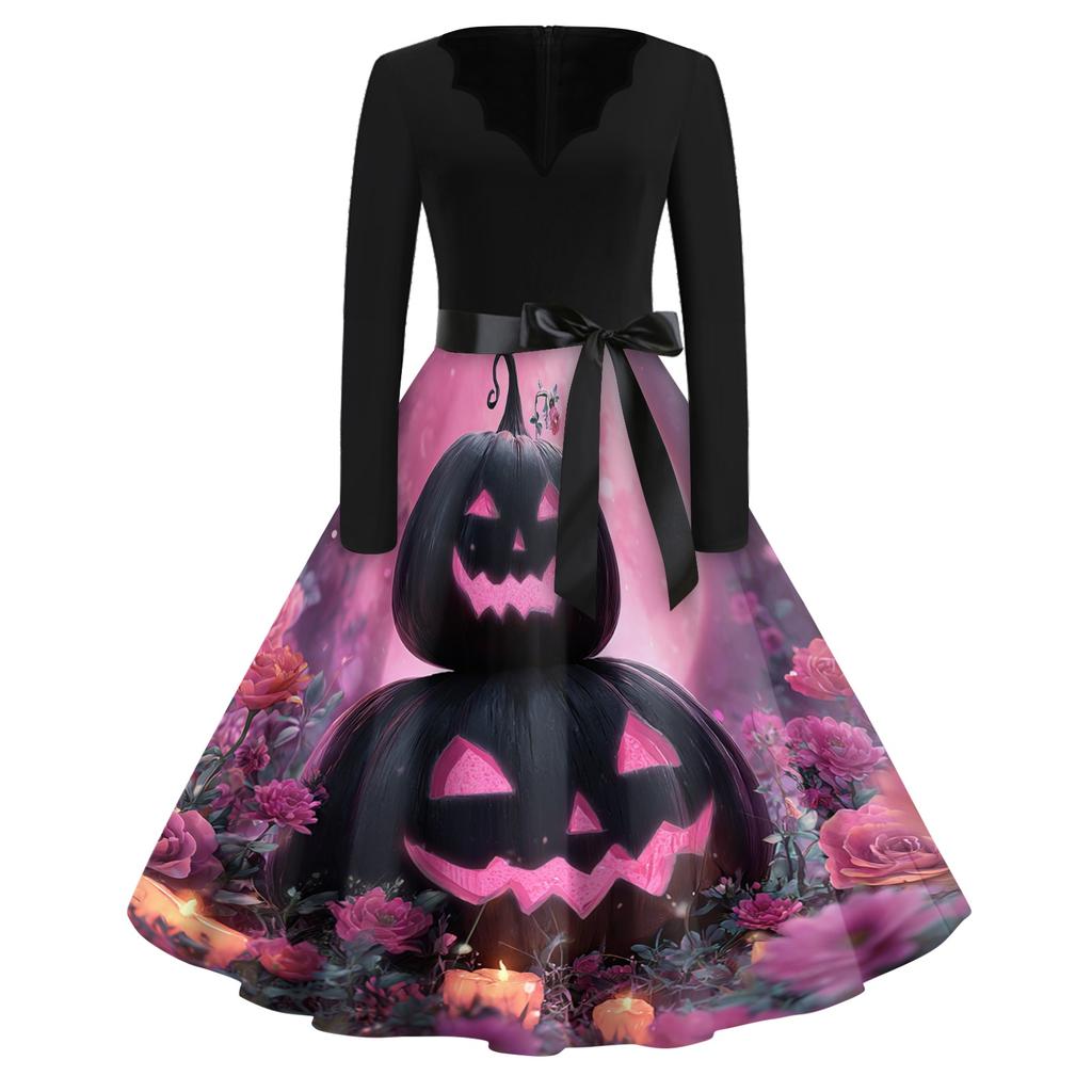 Women's Casual Vintage V Neck Dress with Long Sleeves Halloween Print Full Skirt Midi Dress with Waist Tie for Everyday Wear