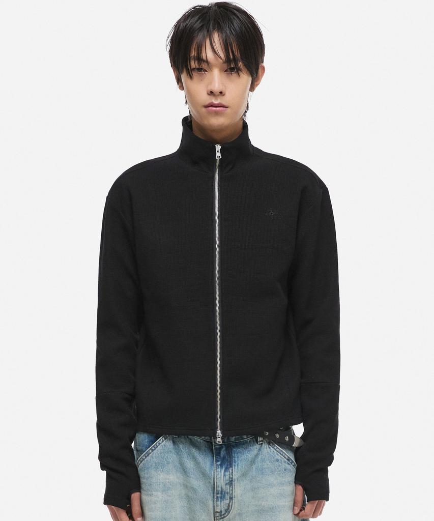 DNSR Fingerhole Crop Waffle Zip-Up Black