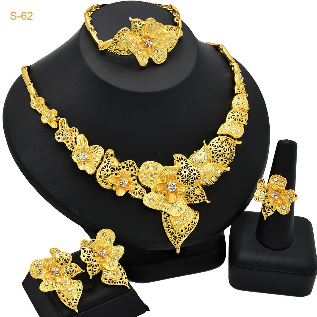 European and American Bridal Jewelry Four-piece Set Gold Necklace Earrings Bracelet Ring Jewelry Set