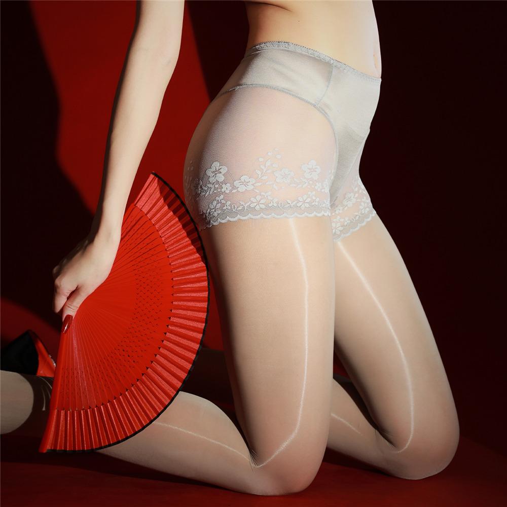 Sexy Women Lace Briefs 2 In 1 Oil Shiny Stockings Sheer See Through Hollow Out Shaping Pantyhose Open Crotch 5D Maid Tight