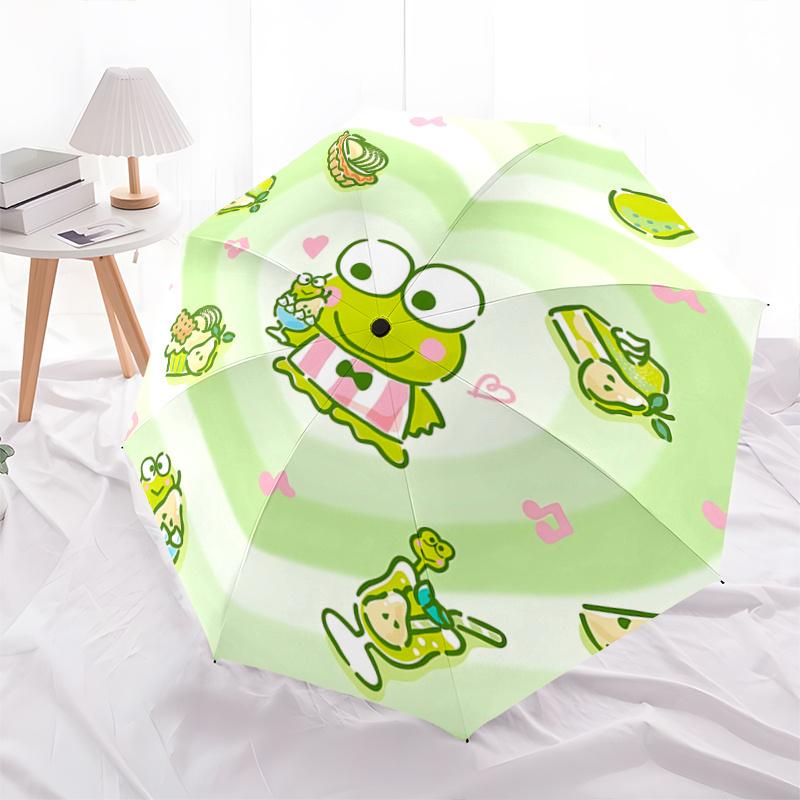 1pc Keroppi Heart-Shaped Automatic Opening/Closing Umbrella with Pear and Dessert Print - Portable Tri-Fold Design, 8-Bone Iron Frame Outdoor Umbrella