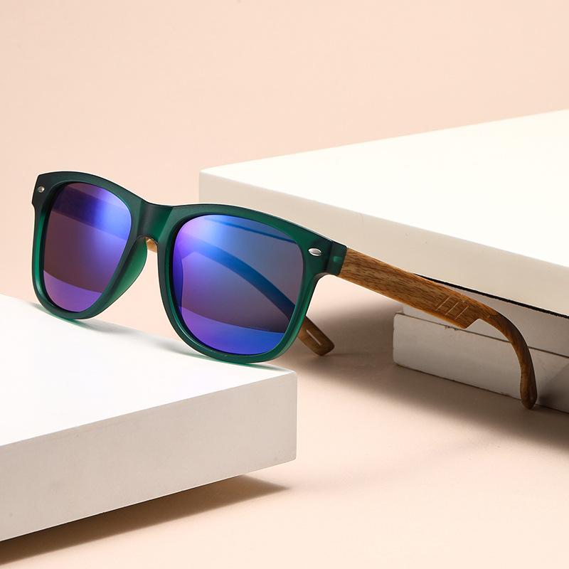 Retro Wood Grain Spring Leg Sunglasses for Men Square Mirror Lens UV Protctive Sun Glasses Outdoor Driving Goggle Shades Eyewear