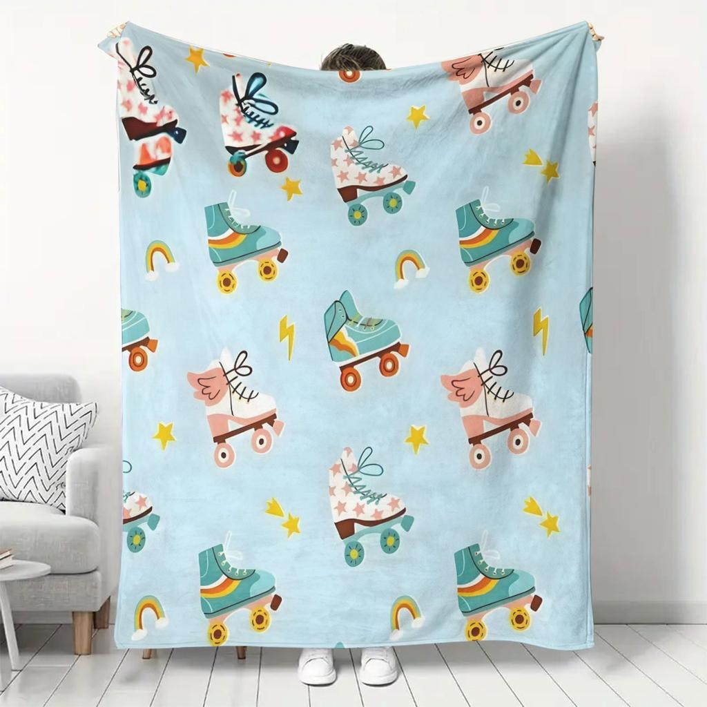 Roller Skate Themed Flannel Throw Blanket, Ultra Soft Microfiber Plush, All-Season, Digital Print, for Skating Enthusiasts, Home Office Gift