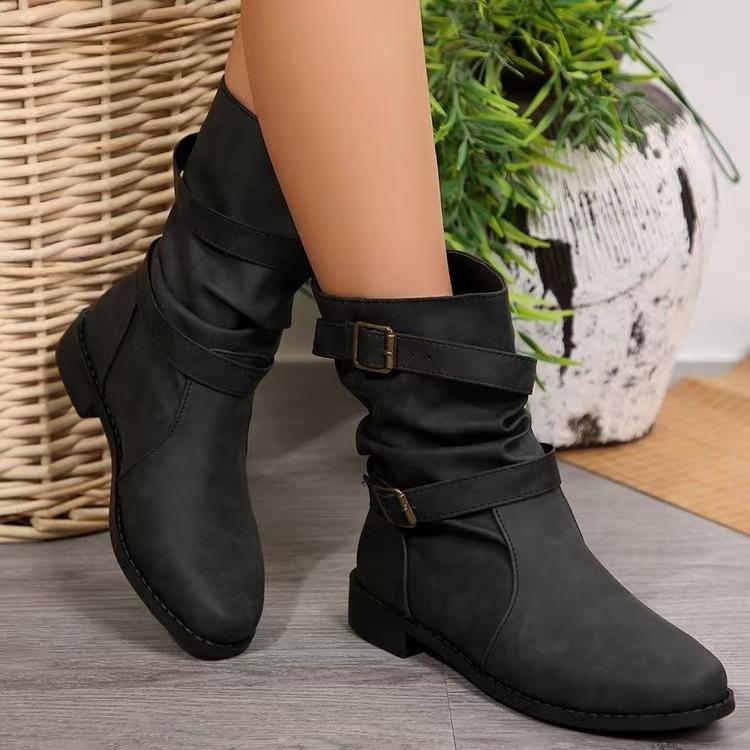 Foreign Trade 2025 Autumn and Winter European and American Martin Boots Retro Belt Buckle Large Size Women's Medium Leather Boots Spot