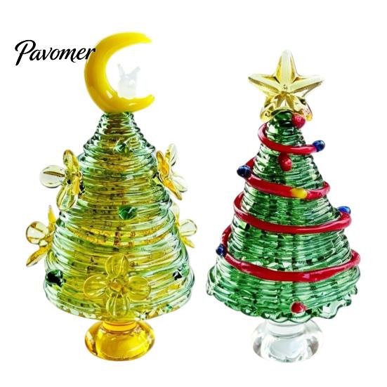 Glass Figurine for Office Glazed Christmas Tree with Star Moon Decor, Rotating Holiday Display Prop Wire Wrapped Desk Mini Tabletop Ornament,