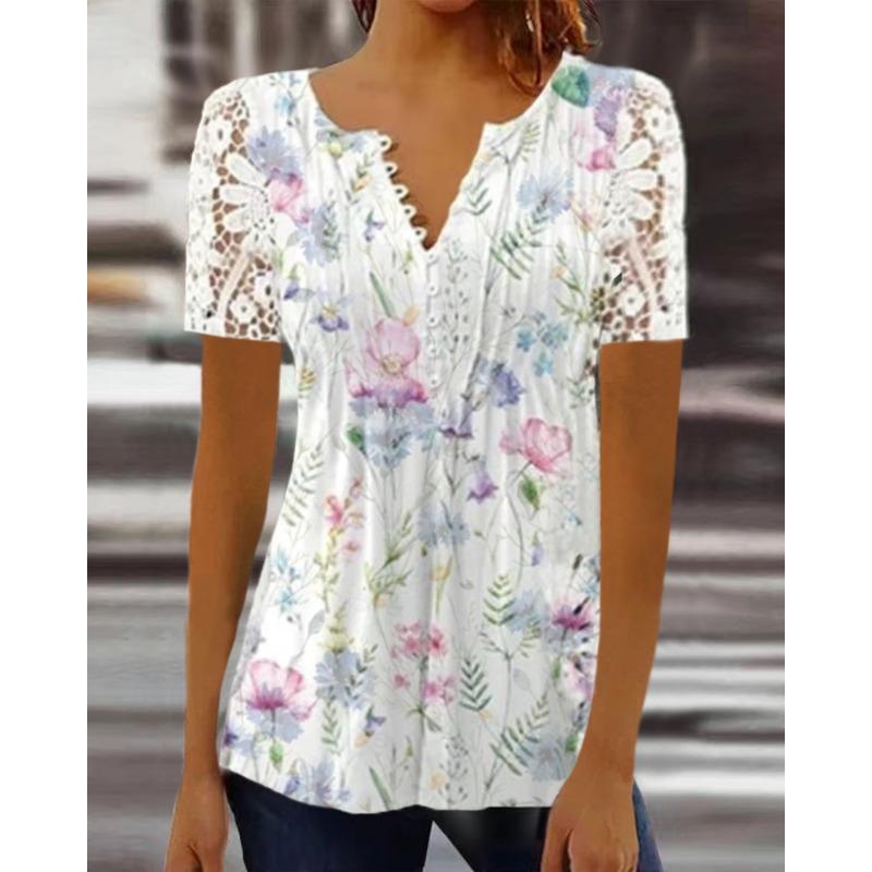 HNXC Mode Femme Décontracté Couleur Unie Imprimé Manches Courtes Col V Blouses & Chemises