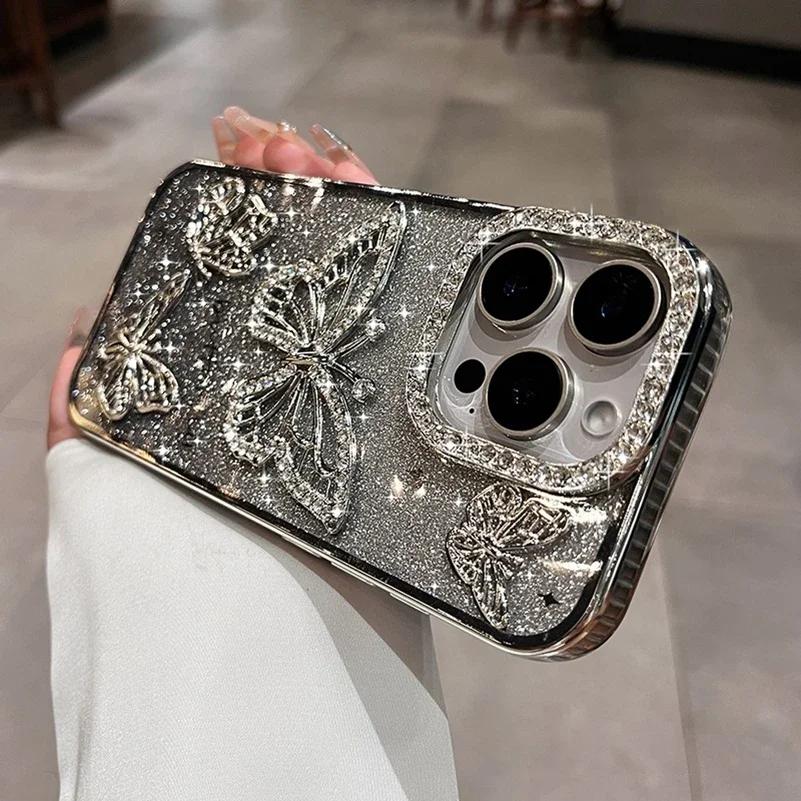 Women Girl's Diamond Butterfly Phone Case for iPhone 17 16 Pro Max 11 12 13 14 15 Plus Transparent Plating Soft Silicone Cover