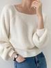 Women's Thick Knit Sweater: 2023 Autumn/Winter, Square Collar, Lantern Sleeves, Loose Fit.