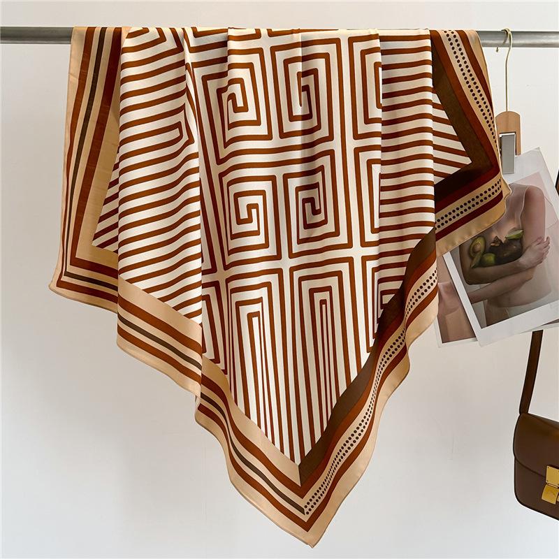 Striped Fashion Shawl 91cm Sun Protection Simple Large Square Scarf Silk Scarf Velvet Twill Commuting Scarf Spring and Summer Travel