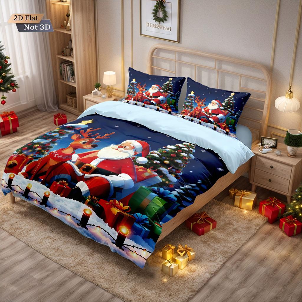3Pcs Merry Christmas, Santa Claus Printed Chipless Bedding Set, Multi Size Bedding Decoration, Comfortable And Machine Washable