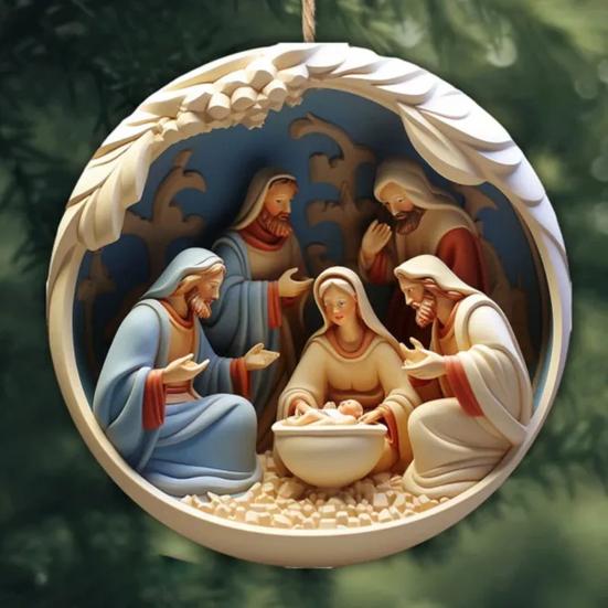 Kalėdų gimimo puošmena 3D efektų spaudinys akrilo daugkartinio naudojimo patalpose lauko Kalėdų eglutė, apvali Jėzaus Gelbėtojo gimimo kabantis ornamentas pakabukas