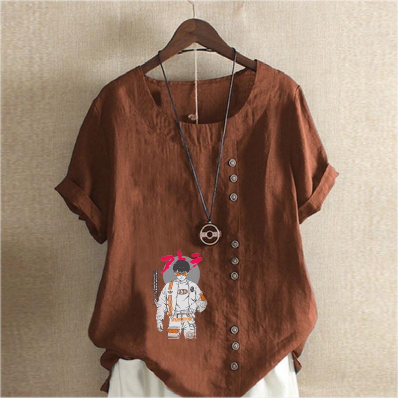 Women's Fashion Round Neck Short Sleeve T-shirt Casual Cotton Linen Graphic Shirt Leisure Loose Astronaut Prined Summer Blouse Tops