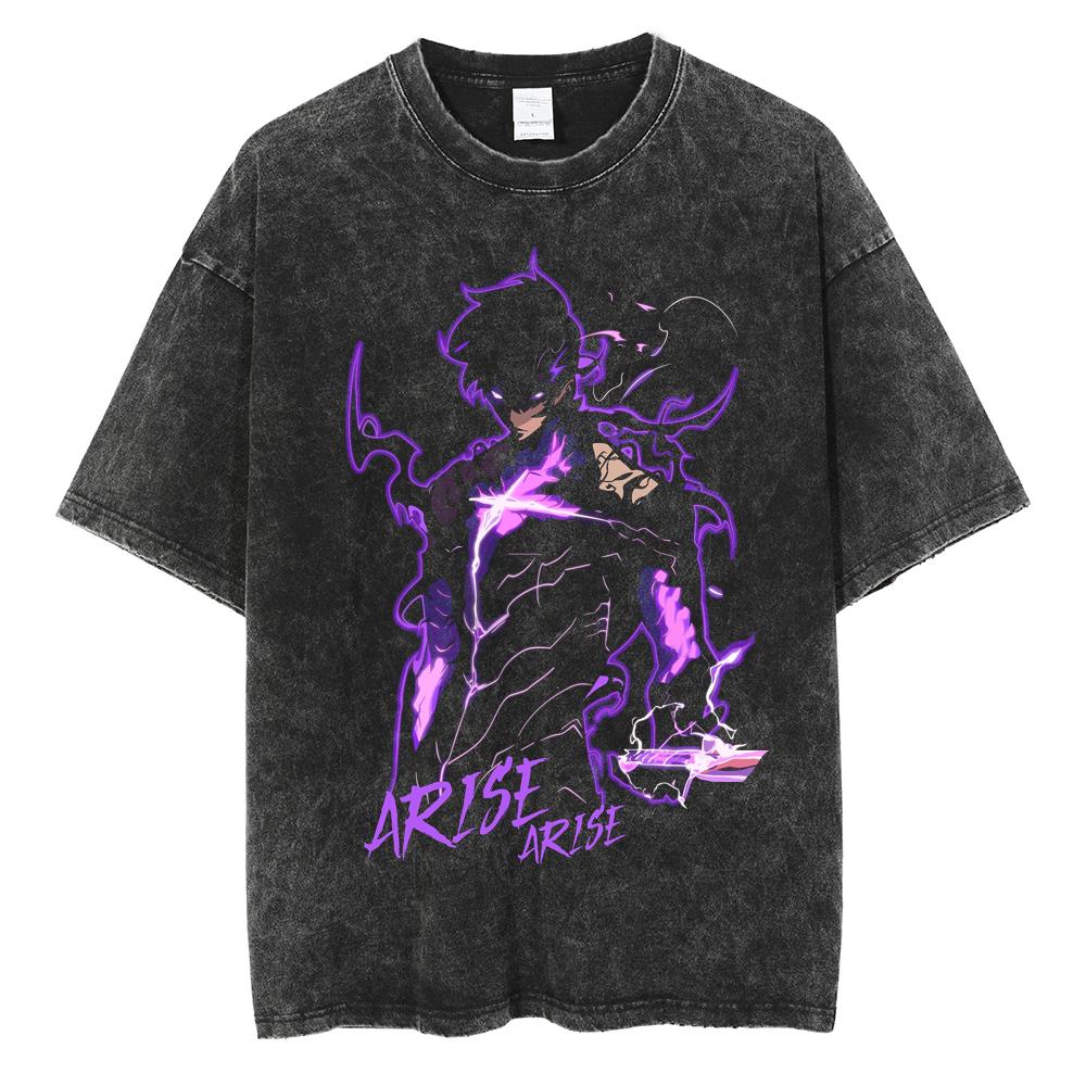 Men's Women's Vintage Washed Cotton T Shirt Streetwear Anime Solo Leveling Graphic Print Tops Loose Short Sleeve Tees