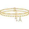 Ankle Bracelets for Women, 14K-Gold-Plated Dainty Layered Chain CZ Initial Anklets Set Summer Jewelry Gifts for Women