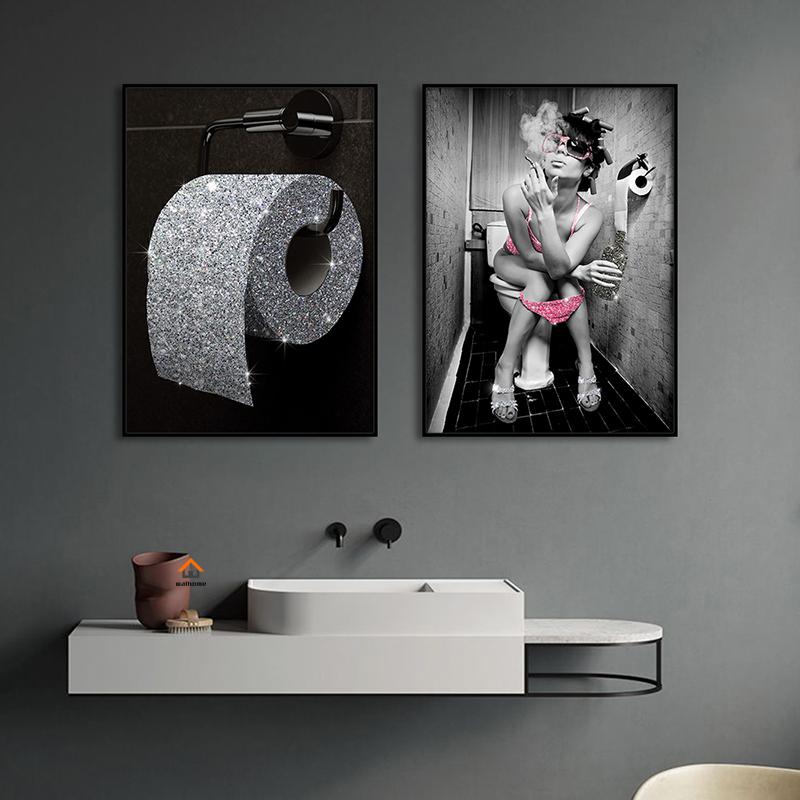 Fashion Sexy Naked Woman Poster Toilet Decorative Paintings Bling Roll Paper Canvas Wall Art Picture Bathroom WC Home Room Decor