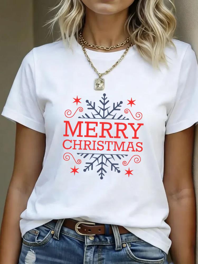 (Asian Size) truck cute Merry Christmas Women's Top Short Sleeve T-shirts O-neck T Shirt Print Fashion Casual New Year Clothing Graphic Tee