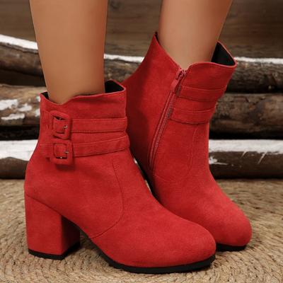 Modische Stiefeletten mit Gürtelschnalle und Blockabsatz 2025 Winter Neu Wildleder Stiefeletten