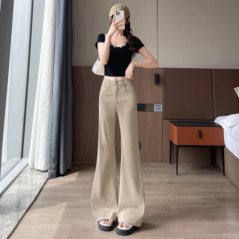 Khaki High Waist Retro Flare Jeans for Women - Slimming Fit, Wide-Leg, Perfect for Spring & Autumn