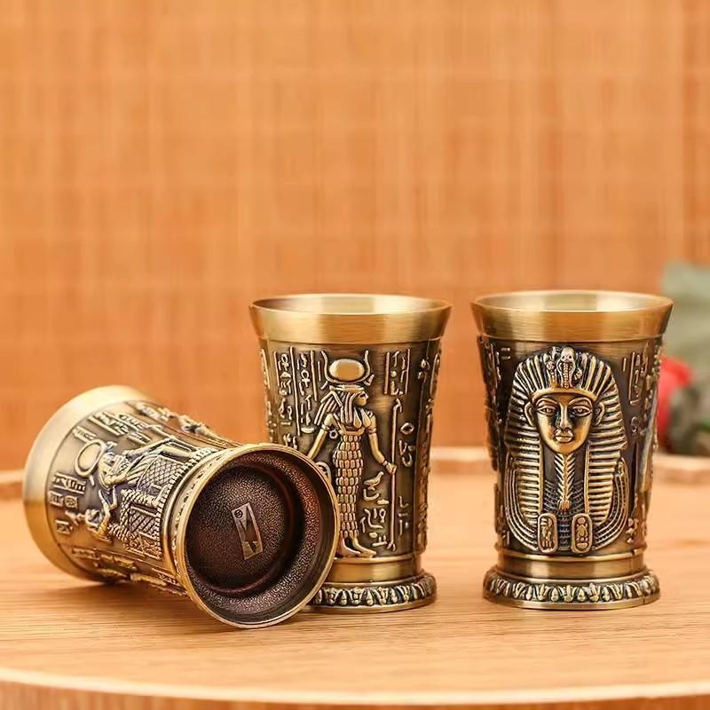 Ancient Egypt Totem Art Relief Retro Bronze Liqueur Wine Glass Vermouth Absinthe Cocktail Cup Metal Liquor Vodka Small Wineglass