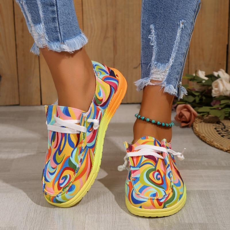 2025 New Plus Size Lace-up Colorful Low Top Shoes Women's Graffiti Lazy Canvas Flat Shoes