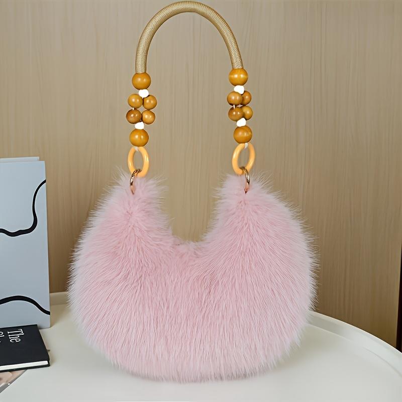 1pc Women's Faux Handbag - Plush Faux Tote & Crossbody Purse with Bead-Accented Strap, Golden-Tone Charm-Like Beads, Zipper Closure