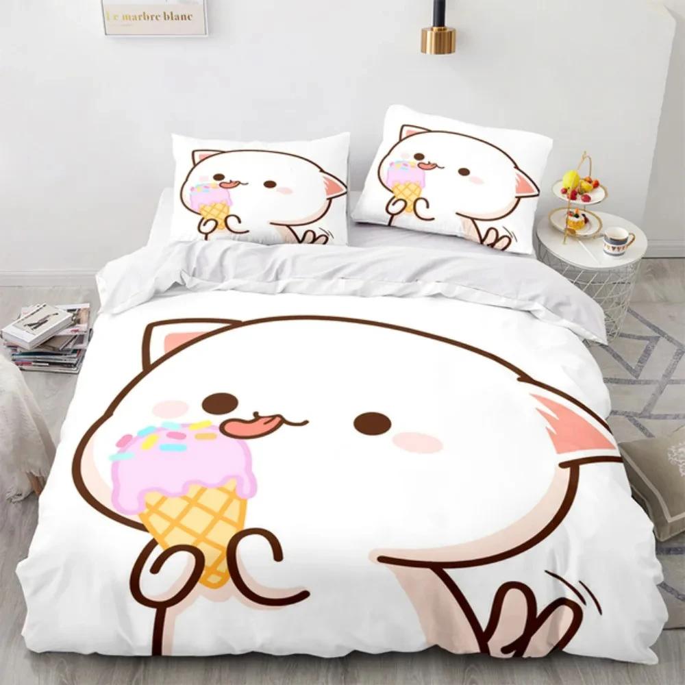3D Cartoon Lovely Peach Cat Bedding Set Boys Girls Twin Queen Size Duvet Cover Pillowcase Bed Kids Adult Fashion Home Textiles