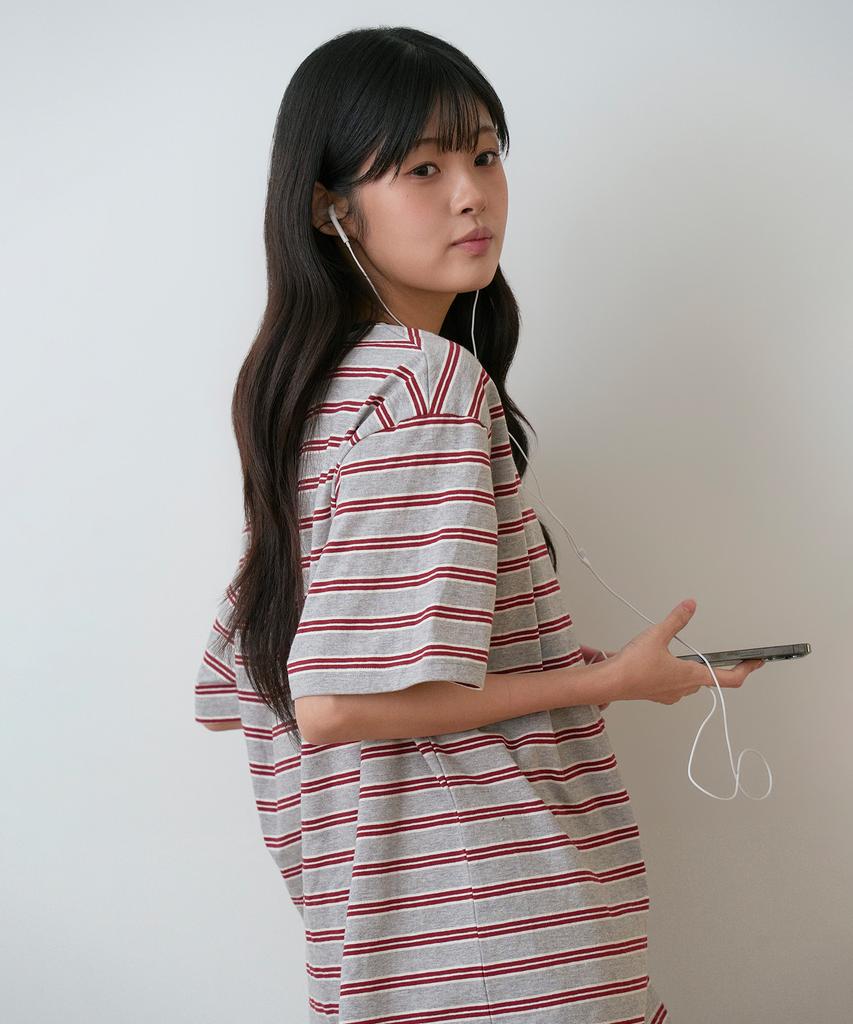 Sayu Striped Biscuit Short Sleeve Tee Gray