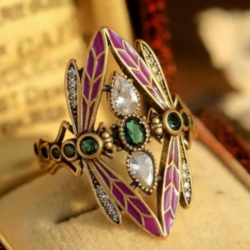 Vintage Inlaid White Green CZ Dragonfly Women's Ring Ethnic Gold Color Hand Carving Daily Wear Party Jewelry Anniversary Gift
