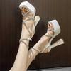Fashion 15CM Sexy Party Women's Pumps Leather Summer Sandals Thick High Heel Platform Fish Mouth Shoes Black White Sandalias De Mujer