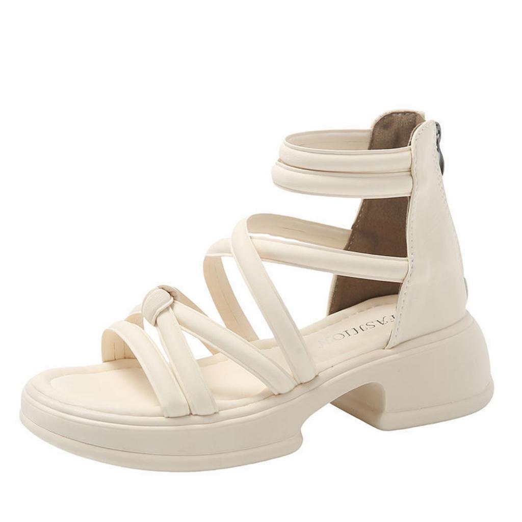 Ladies' Fashion Thick Bottom Sandals - Open Toe, Middle Heel, Lace Up Design, Adjustable Strap, Thick Bottom Sandals | Adjustable Strap Sandals