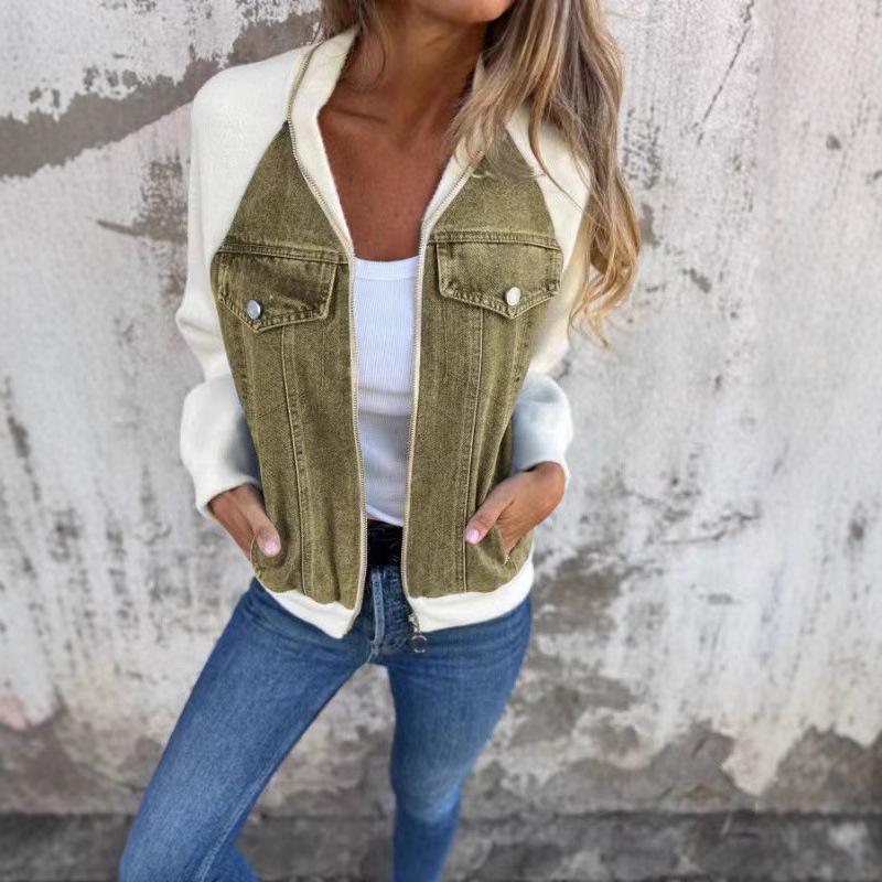 2024 Herbst/Winter Damen Jeans Patchwork Raglanärmel Jacke