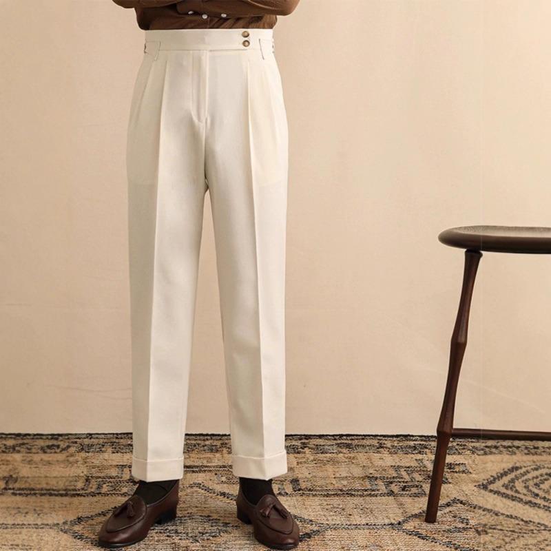 Mens High Waist Loose Straight Naples Paris Buckle Business Casual Suit Trousers