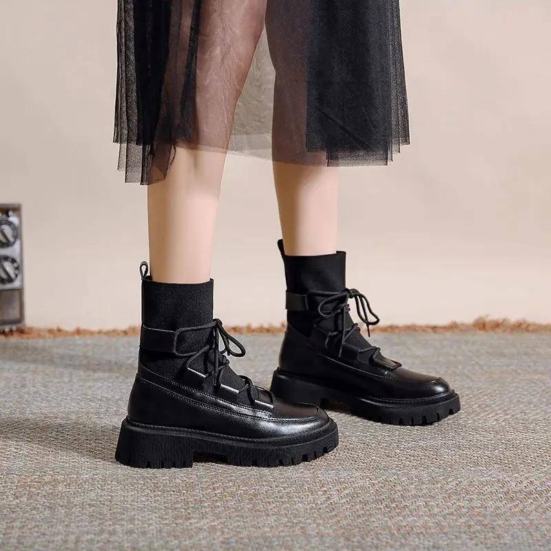 Fashion Woman Short Shoes Platform Ankle Boots for Women Chunky Elastic Booties with Laces Black Lace-up Sale Fashion 2024 Goth Trend Pu