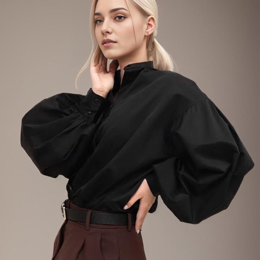 Spring European and American Neutral Minimalist Style Wildberries Sexy Lapel Lantern Sleeve Cardigan Shirt Women's Clothing