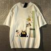 Japanese Cute Kitten Print Tshirt Female And Male Summer Couple Shortsleeved Lazy Hong Kong Flavor Pure Cotton Cartoon Top