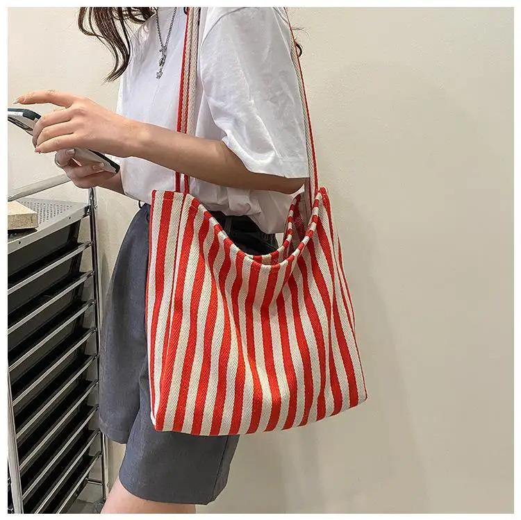 Large-capacity Canvas Female Shopper Handbag, Simple Striped Single-shoulder Female Casual Multi-functial Travel Handbag