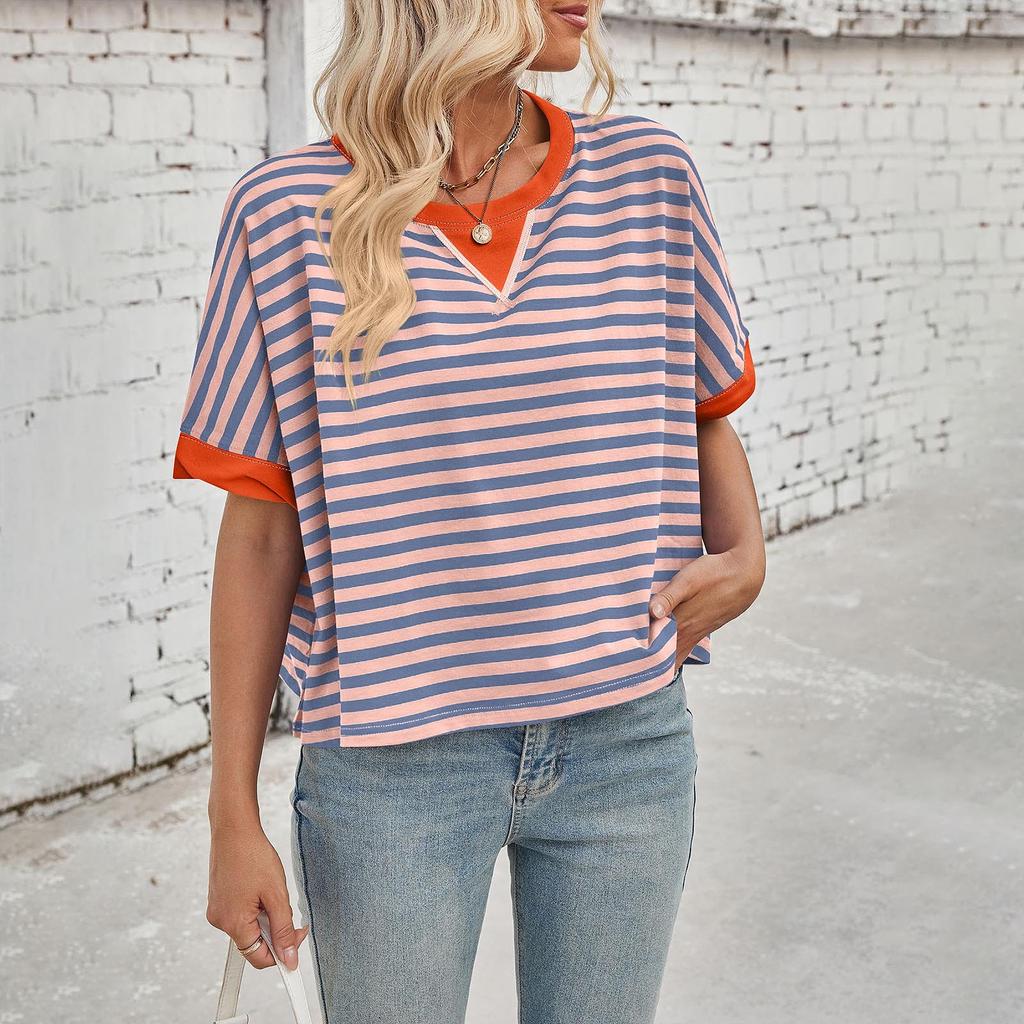 Women's Fashion Spring Summer Casual Oversized Striped Color Matching Round Neck Sleeve Top