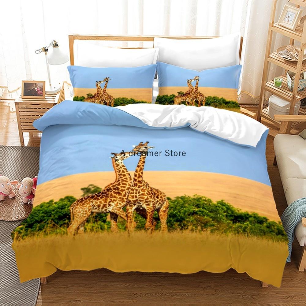 Afrikanische Tiere Giraffe Sonnenuntergang Bettwäscheset 3D Bettbezugset Tagesdecke für Jungen Mädchen Kinder Heimtextilien Mikrofaser Tagesdecke